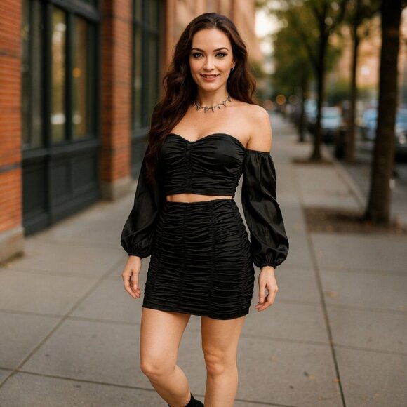 Up All Night Black Ruched Satin Off Shoulder Crop Top & Mini Skirt Set Sz S - Picture 4 of 4